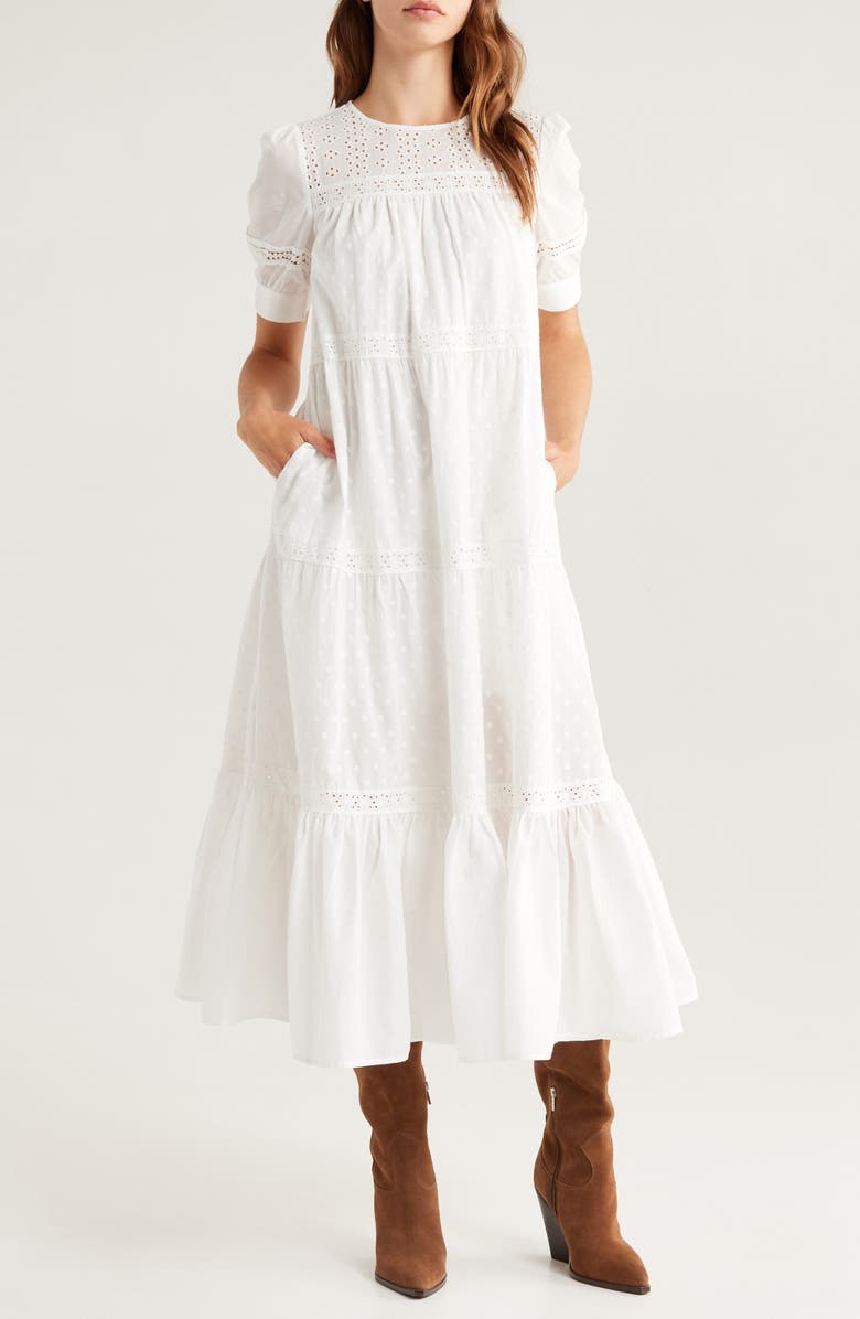 MELLODAY Eyelet Tiered Maxi Sundress, Main, color, White