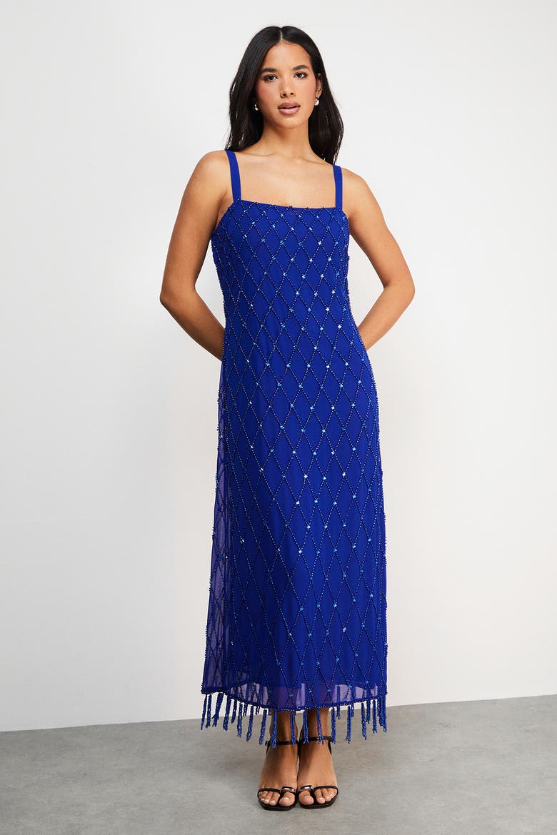 Hand Embellished Fringe Hem Midi Dress, Main, color, Cobalt