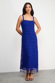 Warehouse Hand Embellished Fringe Hem Midi Dress
