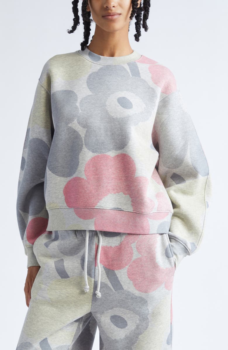 Marimekko Trilce Unikko Floral French Terry Sweatshirt, Main, color, Grey Melange Pink L Yellow