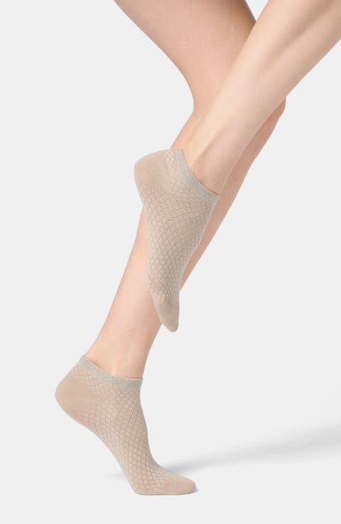 Metallic Cuff Cotton Blend Pointelle No-Show Socks