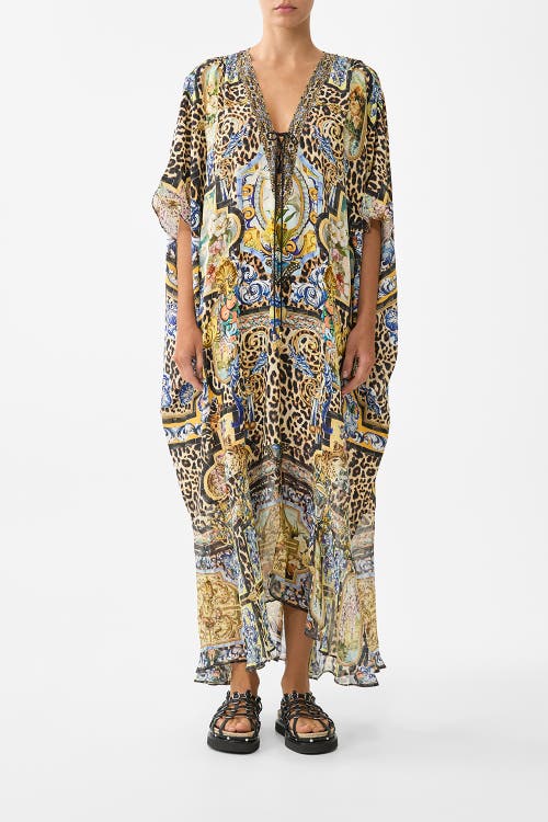 Camilla Lace Up Kaftan With Hem Ruffle In Multi