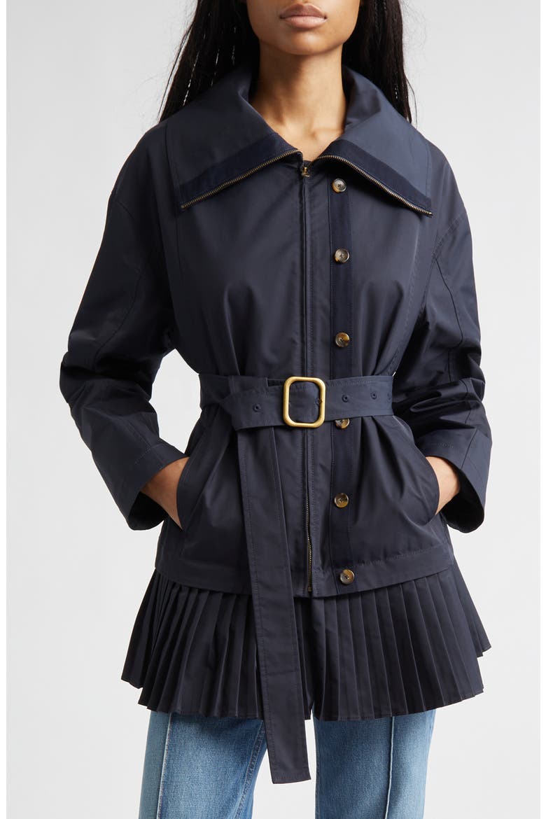 Lison Belted Jacket with Pleated Hem, Main, color, MIDNIGHT