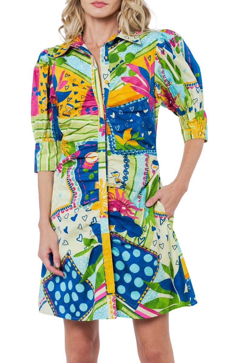 CIEBON Stormi Print Ruched Cotton Shirtdress, Alternate, color, Light Yellow Multi