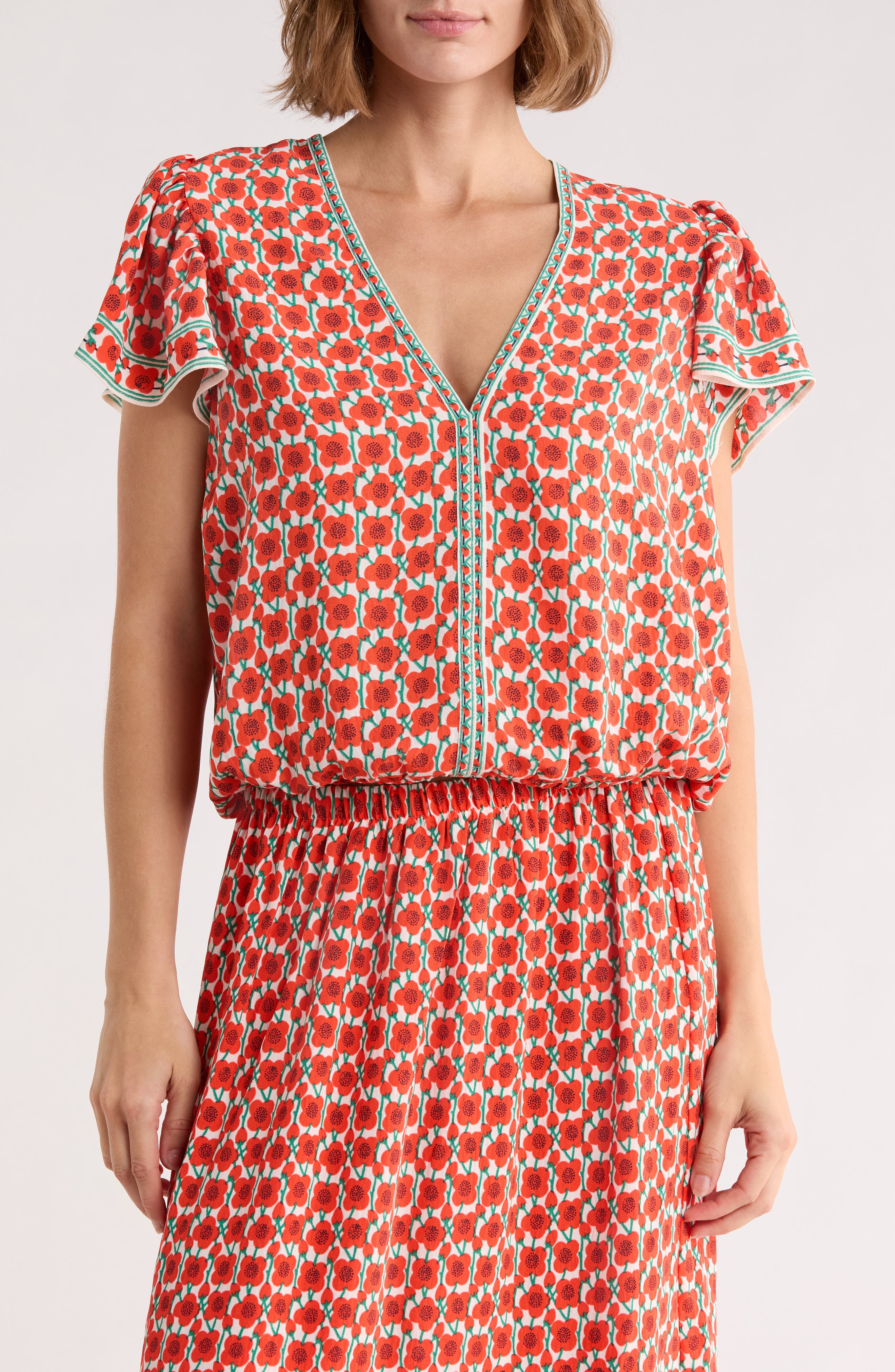 MAX STUDIO Floral Flutter Sleeve Bubble Hem Top