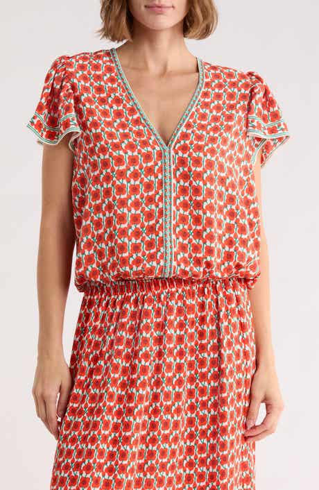 MAX STUDIO Floral Flutter Sleeve Bubble Hem Top