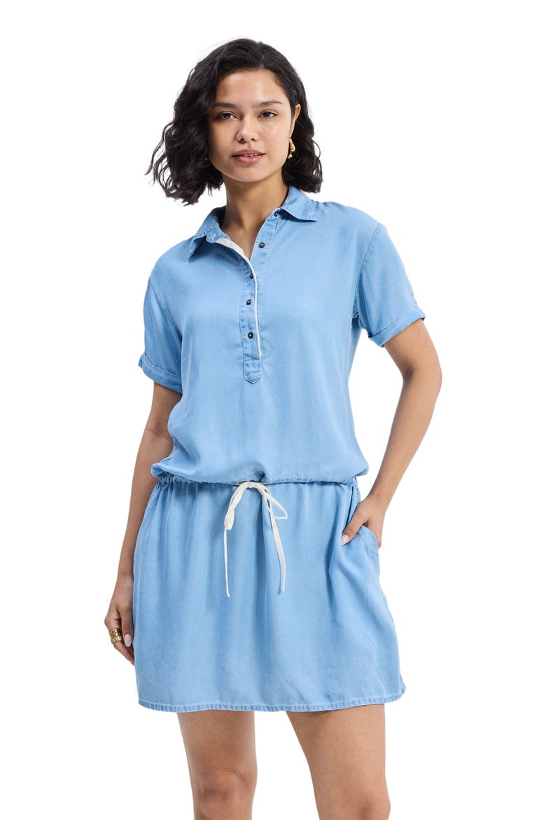 Drawstring Denim Shirt Dress with Front Buttons in Blue, Alternate, color, Ocean Blue