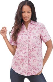 Roaman's Plus Size Kate Short Sleeve Easy Cotton-Blend Button-Front Shirt