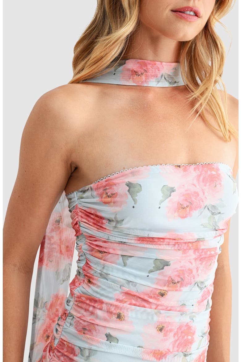 Floral Ruched Drop Waist Midi Dress with Removable Scarf, Alternate, color, BLUE MAUVE FLORAL