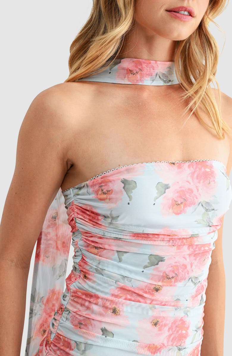 All in Favor Floral Ruched Drop Waist Midi Dress with Removable Scarf, Alternate, color, Blue Mauve Floral