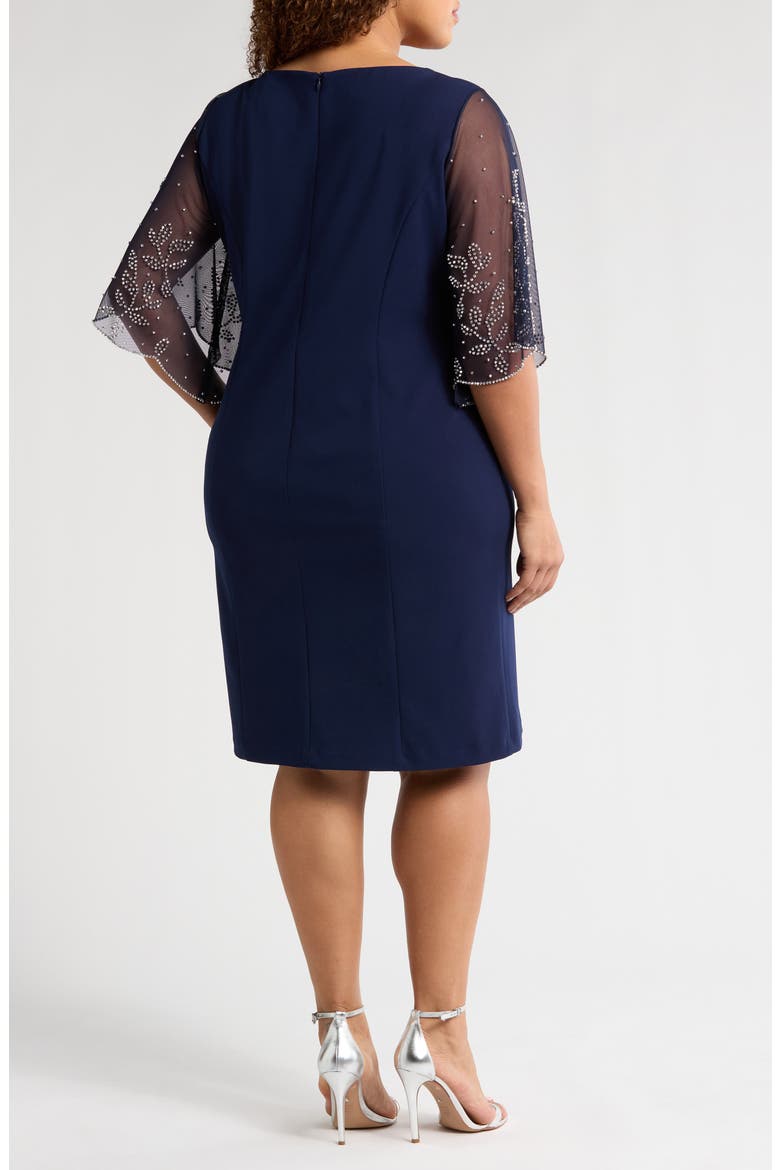 Beaded Sleeve Stretch Crepe Cocktail Sheath Dress, Alternate, color, NAVY