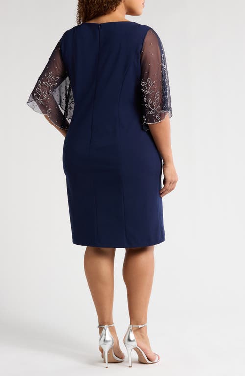 ALEX EVENINGS ALEX EVENINGS BEADED SLEEVE STRETCH CREPE COCKTAIL SHEATH DRESS