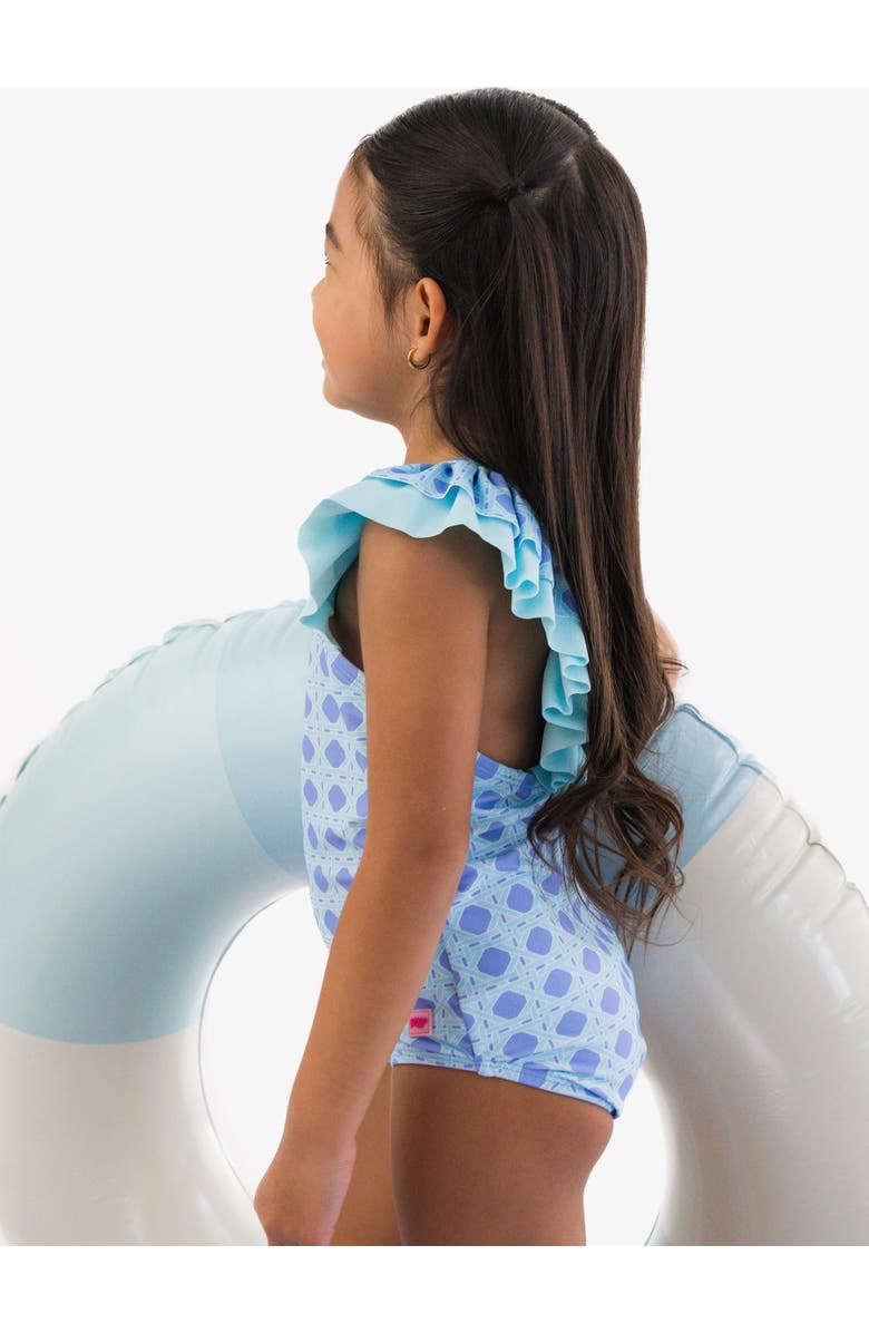 RuffleButts Girls V-Back UPF50+ One Piece, Alternate, color, Periwinkle Blue Coastal Cane