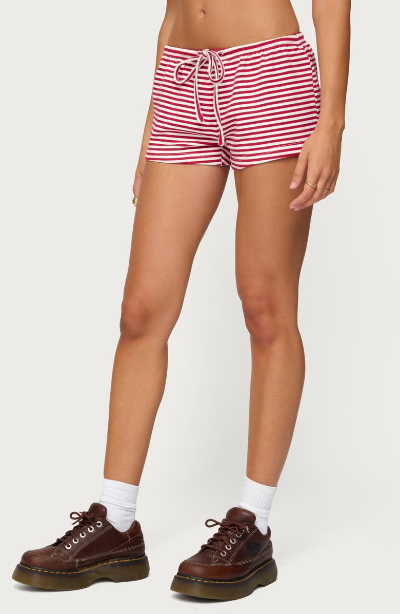 EDIKTED Jaine Stripe Drawstring Shorts, Alternate, color, Burgundy