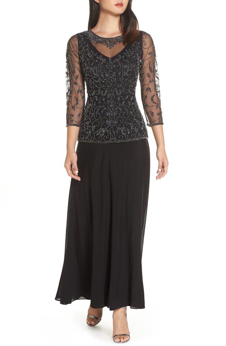 Pisarro Nights Beaded Mesh Mock Two-Piece Gown, Alternate, color,
