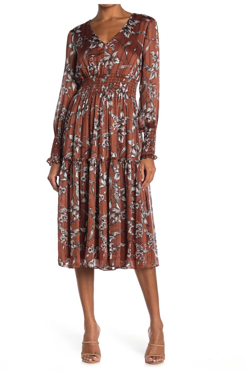 Taylor Dresses Floral Midi Smocked Chiffon Dress, Main, color, 