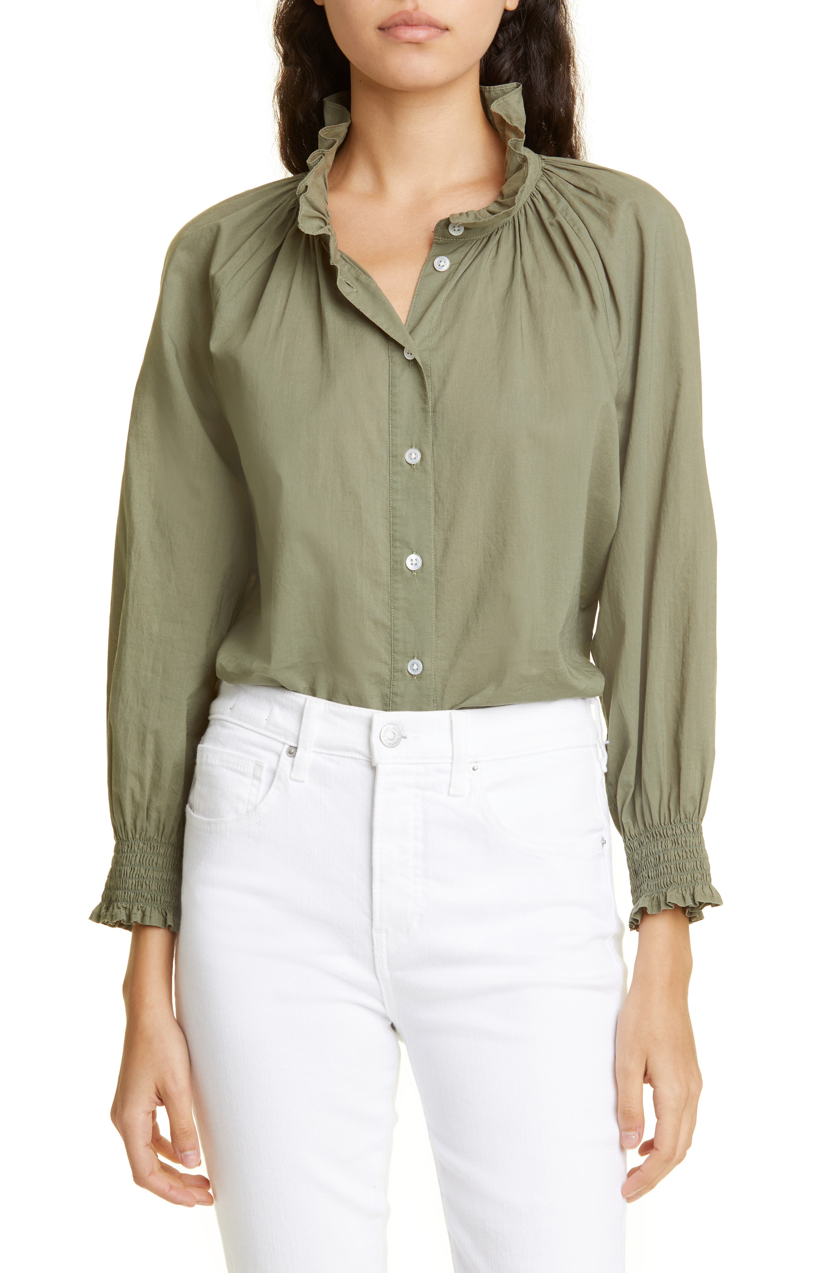 Veronica Beard Calisto Ruffle Collar Cotton Button-Up Shirt