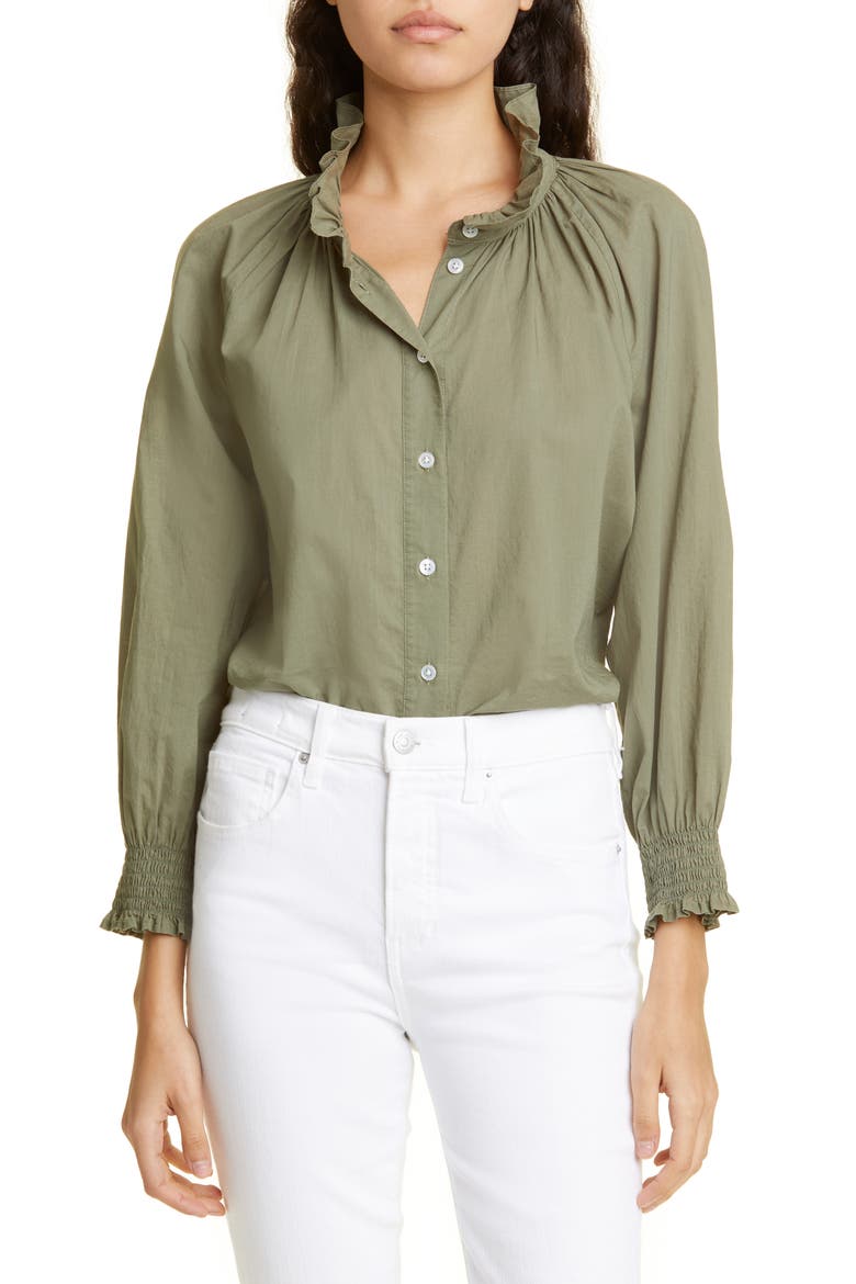 Calisto Ruffle Collar Cotton Button-Up Shirt, Main, color, BRIGHT ARMY