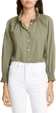 Veronica Beard Calisto Ruffle Collar Cotton Button-Up Shirt