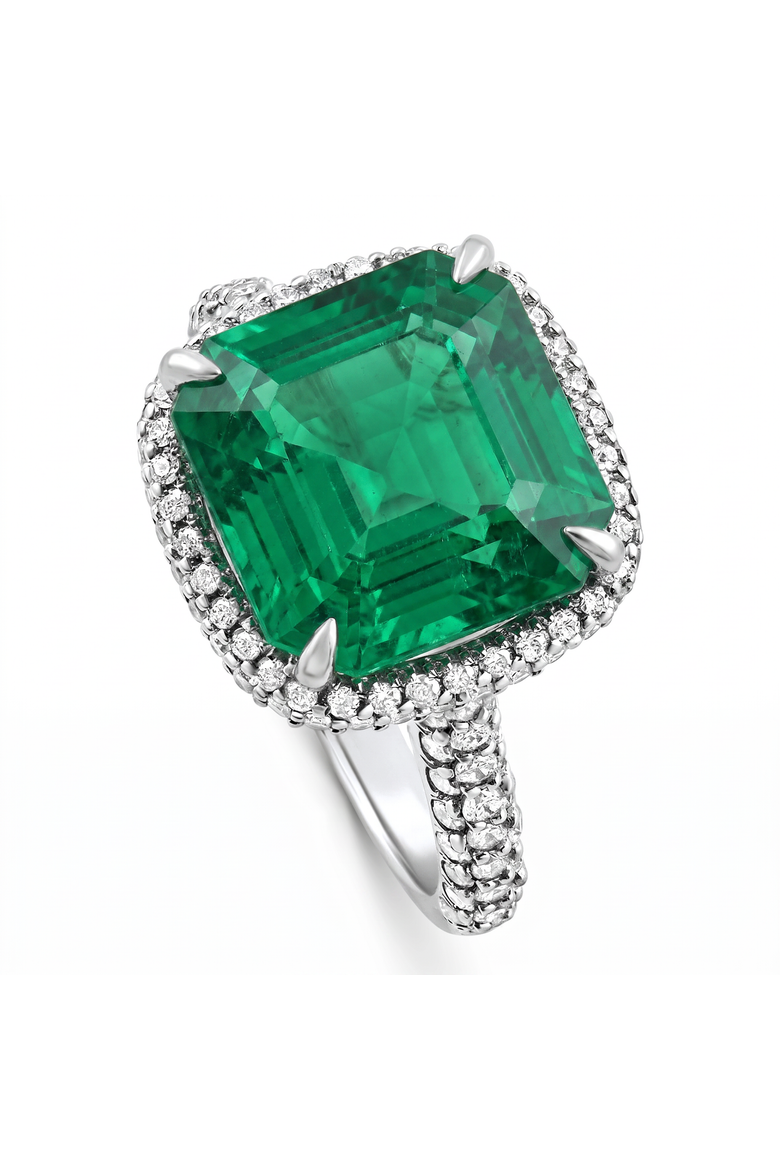 5.50Ct TW Emerald Asscher Cut & Pave Diamond Ring 14k Gold Lab Grown, Main, color, 14k White Gold