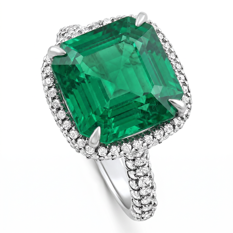 5.50Ct TW Emerald Asscher Cut & Pave Diamond Ring 14k Gold Lab Grown
