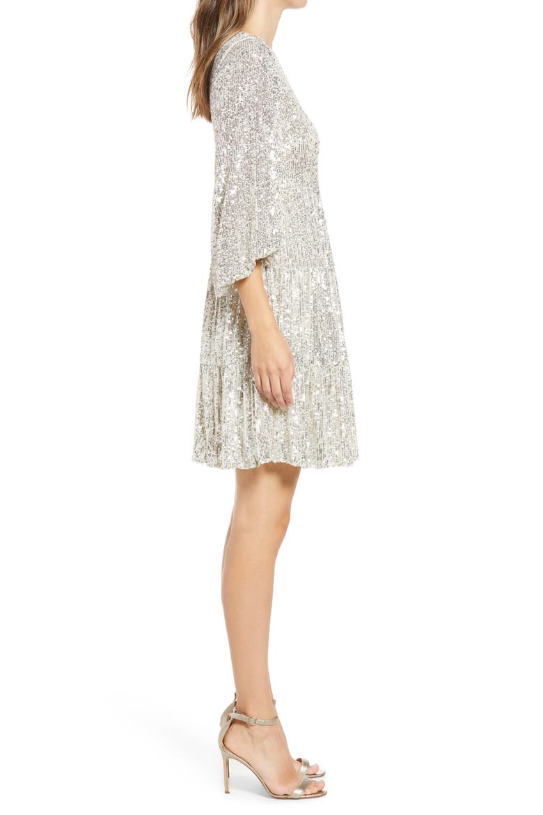 Balloon Sleeve Sequin Skater Dress, Alternate, color, SILVER