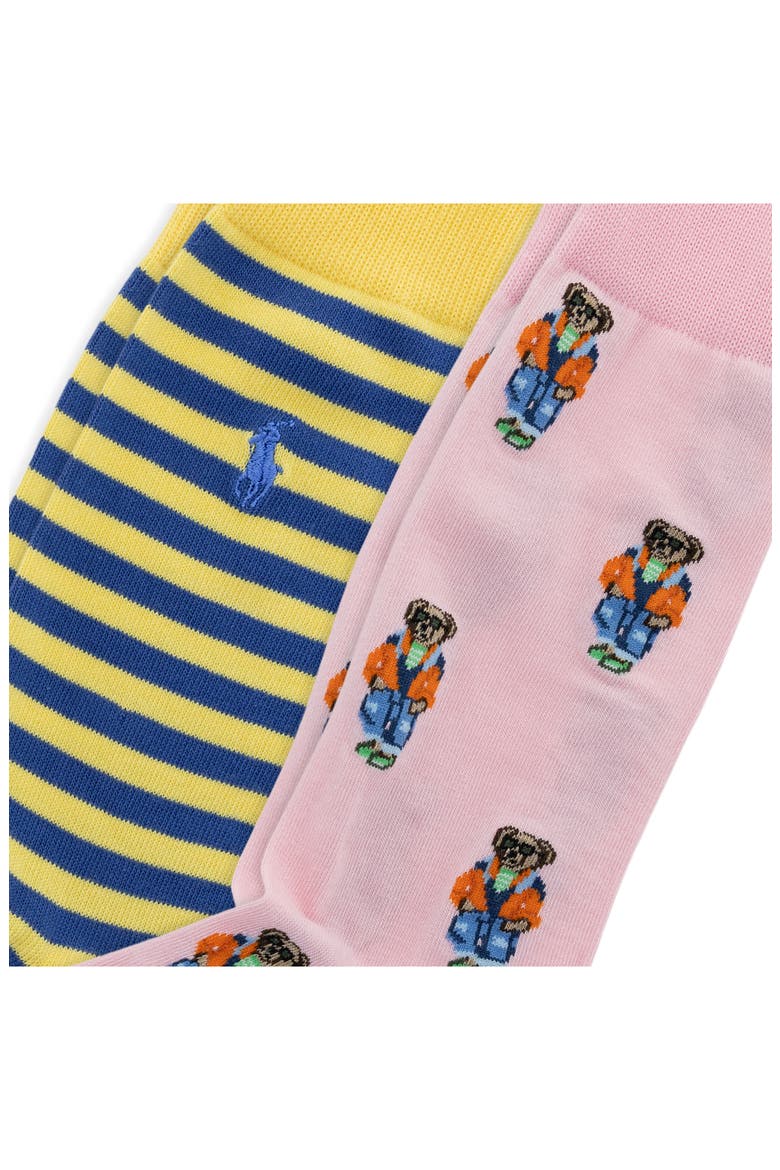 Assorted 2-Pack Stripe & Polo Bear Cotton Blend Dress Socks, Alternate, color, PINK