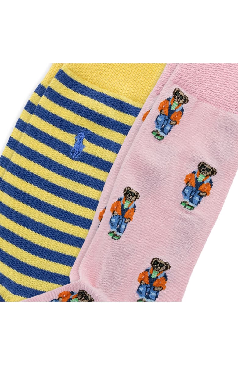 Polo Ralph Lauren Assorted 2-Pack Stripe & Polo Bear Cotton Blend Dress Socks, Alternate, color, Pink