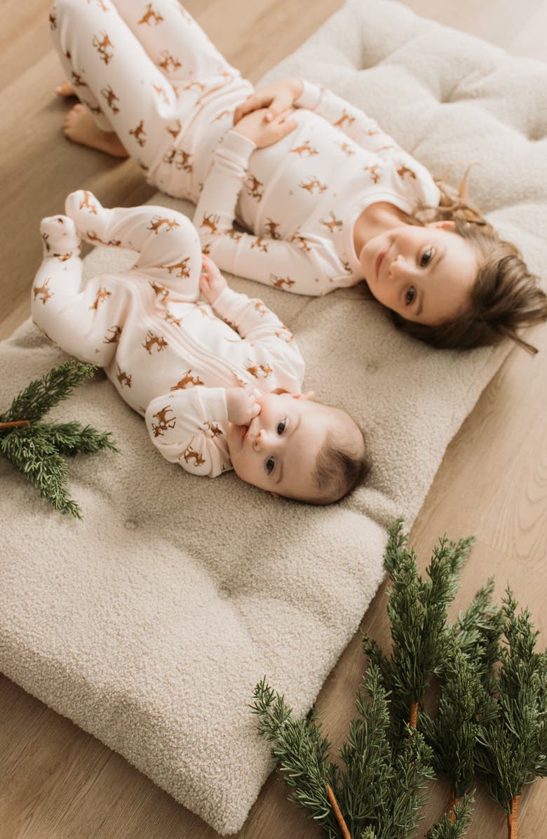 Petit Lem Reindeer Print Organic Cotton Fitted Footie Pajamas, Alternate, color, Light Pink