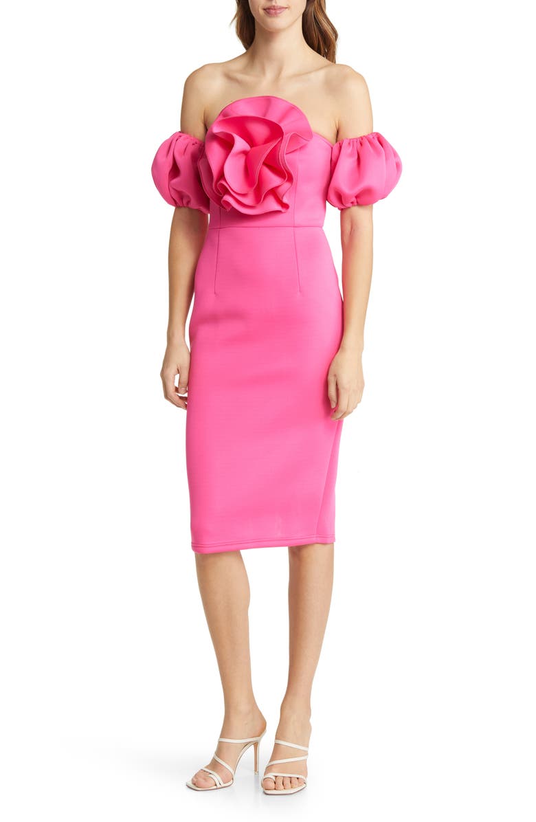 NIKKI LUND Norma Rosette Off the Shoulder Dress, Main, color, Pink