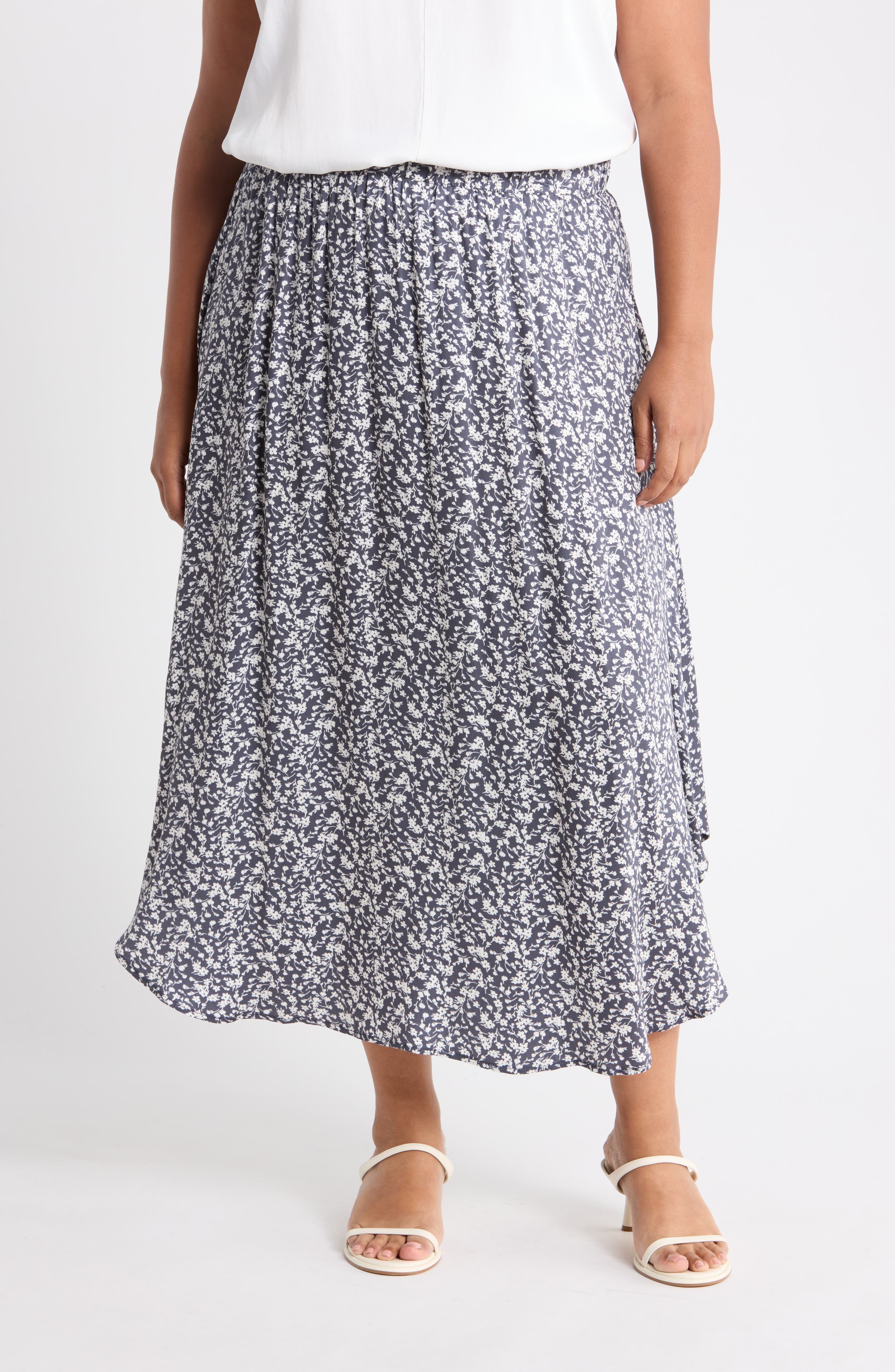 Floral Handkerchief Hem Midi Skirt