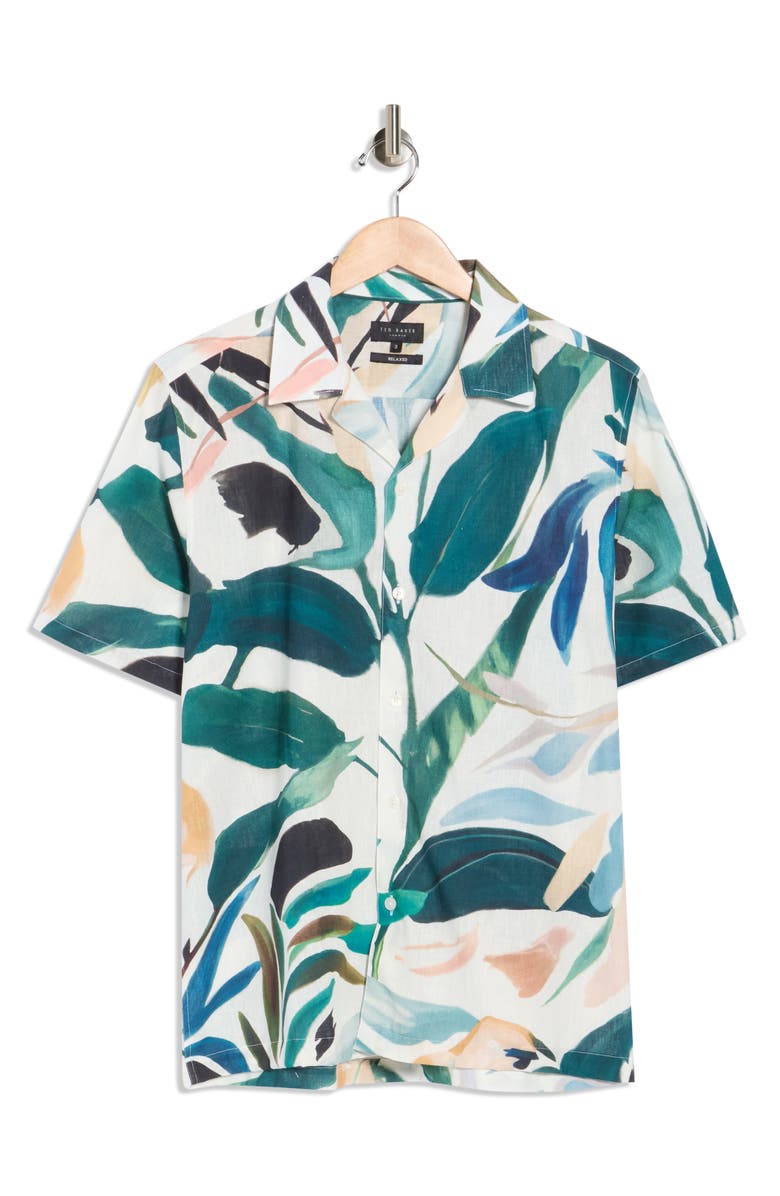 Ted Baker London Rognski Tropical Floral Short Sleeve Camp Shirt, Alternate, color, White Traditional