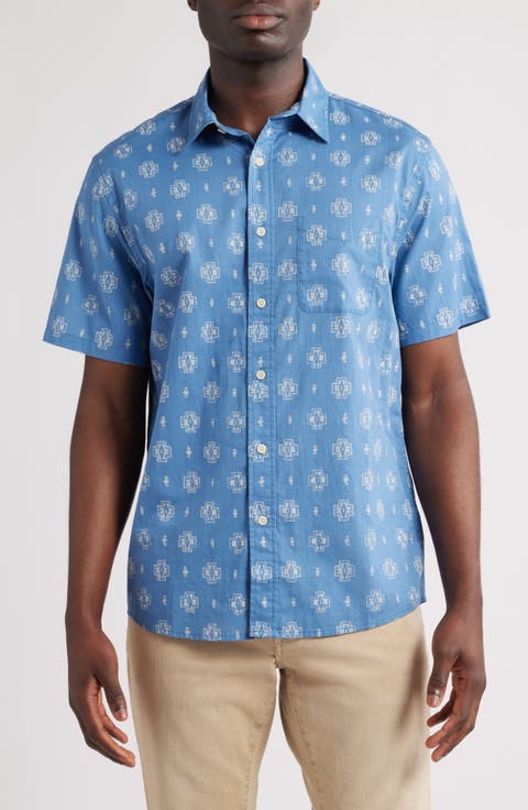 Shoreline Print Short Sleeve Cotton Button-Up Shirt