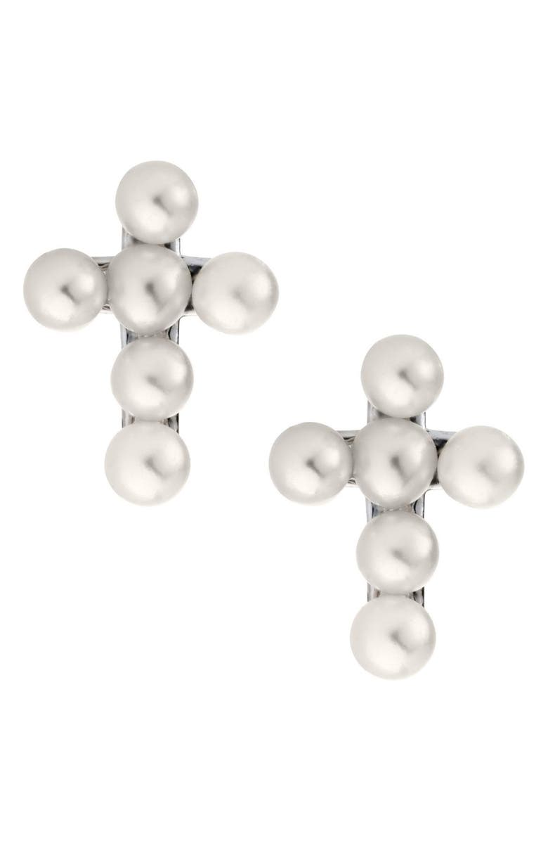 Mignonette Cultured Pearl Cross Earrings, Main, color, Silver