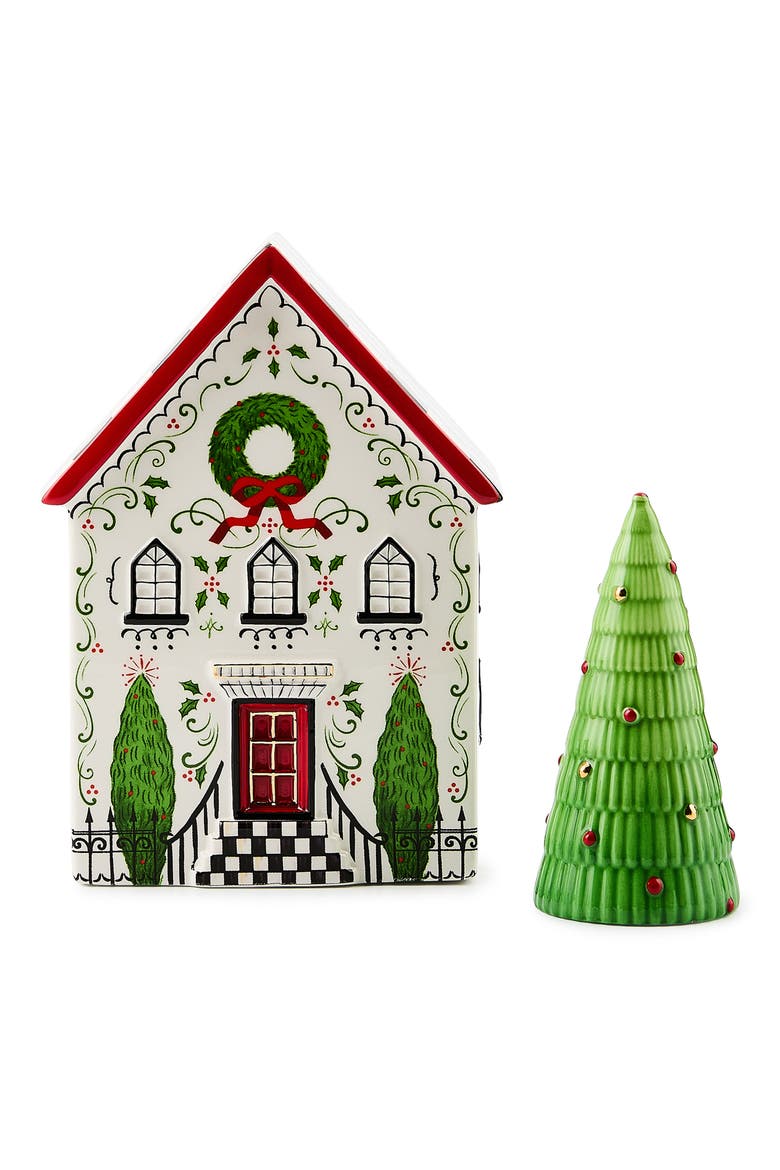 Holly Village Illuminated Cermaic Gingerbread House & Tree, Main, color, WHITE