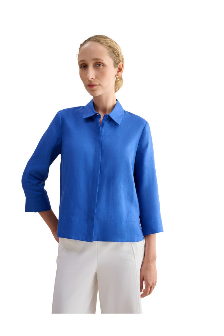 Nita 3/4 Sleeve Button Up Linen Shirt, Main, color, French Blue