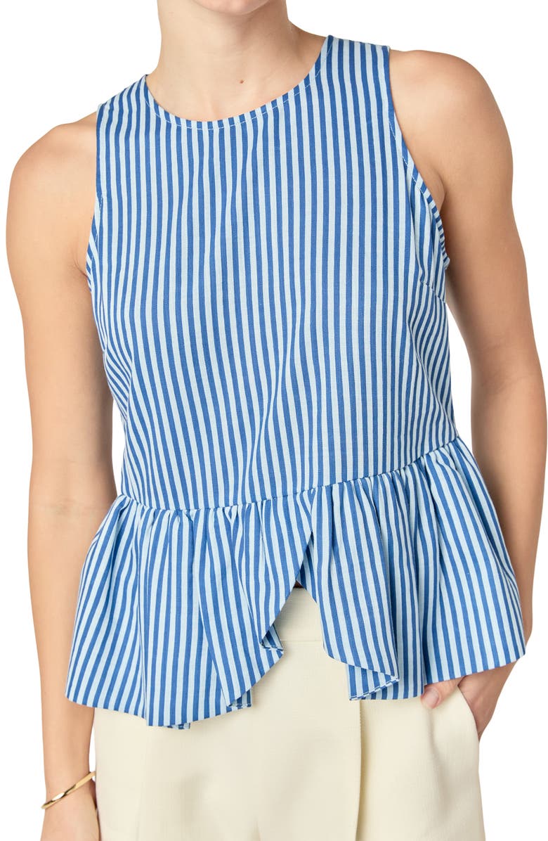 English Factory Stripe Sleeveless Peplum Top, Alternate, color, Blue