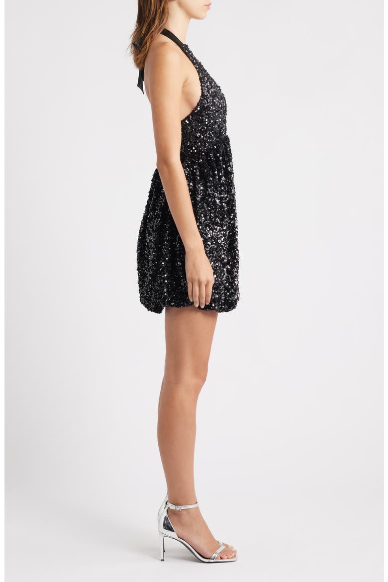Sequin Plunge Halter Neck Bubble Minidress, Alternate, color, BLACK