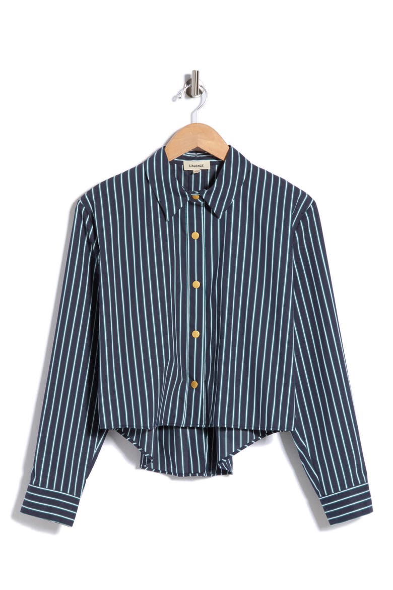 Cosette Cropped High-Low Striped Shirt, Alternate, color, MIDNIGHT/ BOTTLE GREEN STRIPE