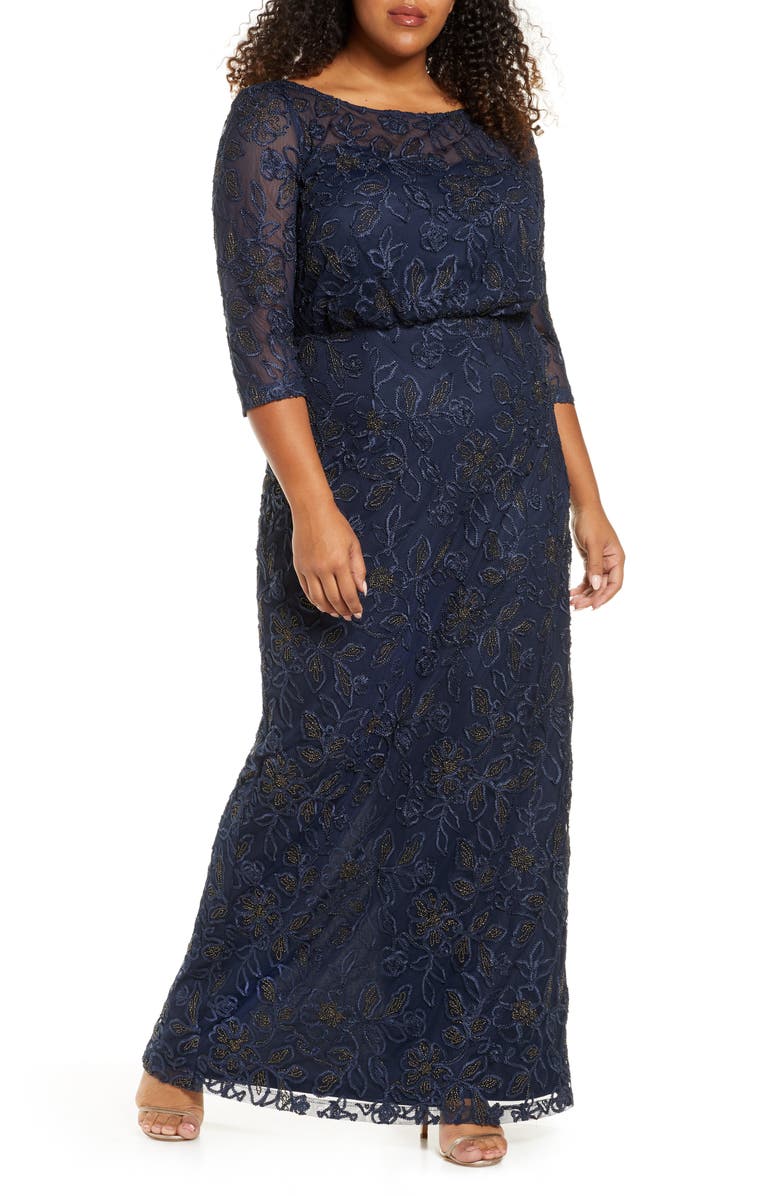 JS Collections Metallic Soutache Blouson Mesh Gown, Main, color, 