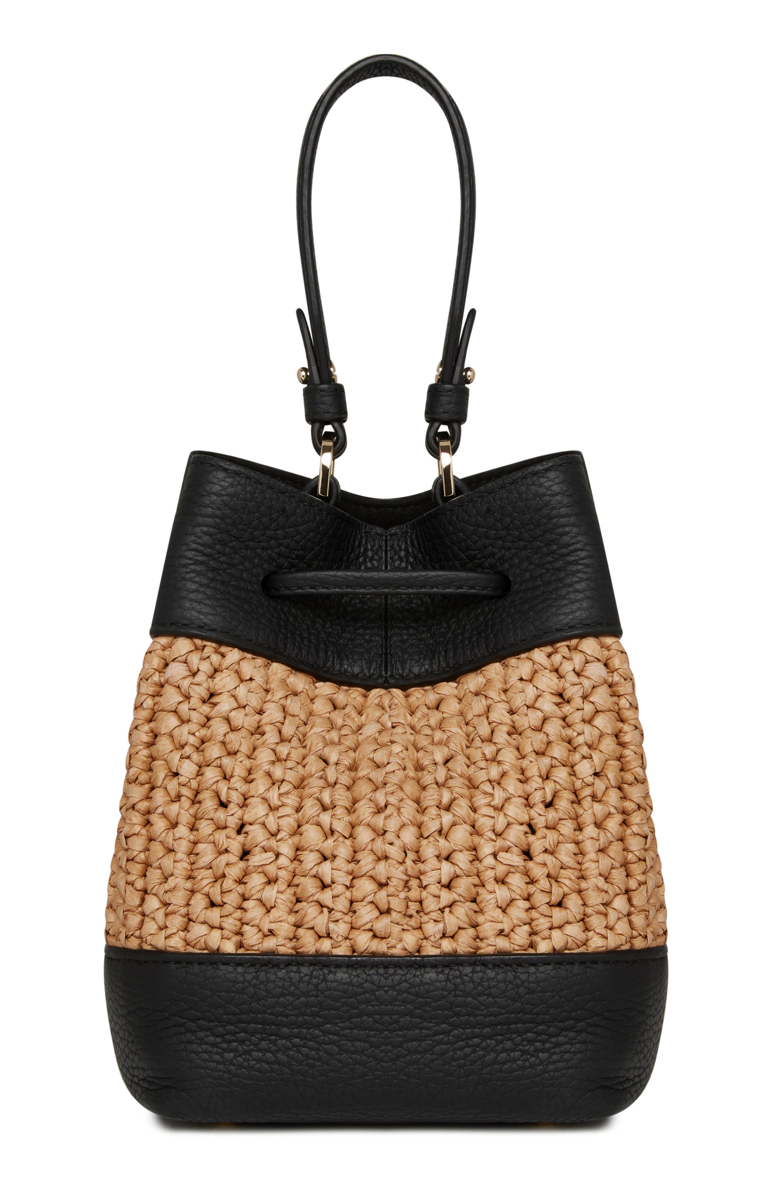 Strathberry Lana Osette Raffia & Leather Bucket Bag, Alternate, color, Black