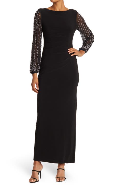 Beaded Long Sleeve Maxi Gown
