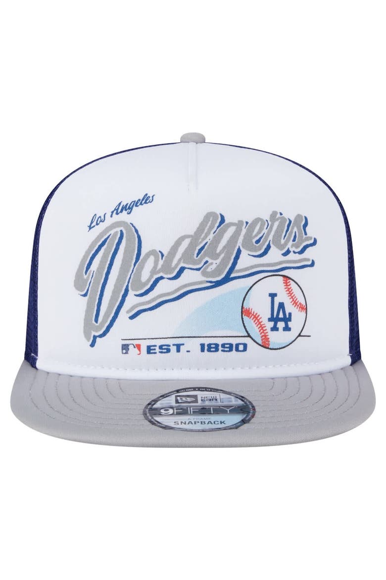 Men's New Era White/Gray Los Angeles Dodgers Retro Script Trucker 9FIFTY Snapback Hat, Alternate, color, White