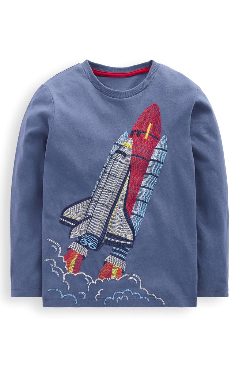 Mini Boden Kids' Rocket Superstitch Embroidered Glow in the Dark Long Sleeve Cotton T-Shirt, Main, color, 