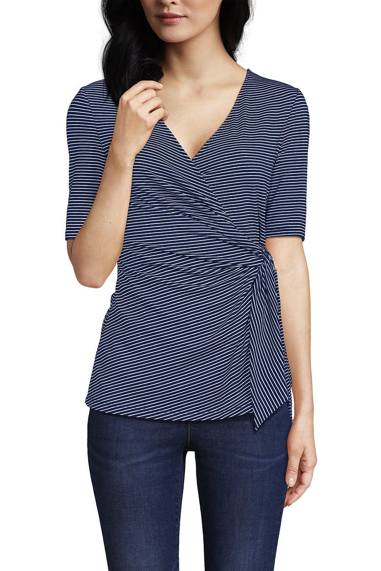 Elbow Sleeve Lightweight Jersey Side Tie Blouse, Alternate, color, Deep Sea Navy Tiny Stripe