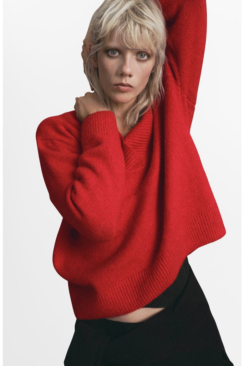 Rib Trim V-Neck Sweater, Alternate, color, RED