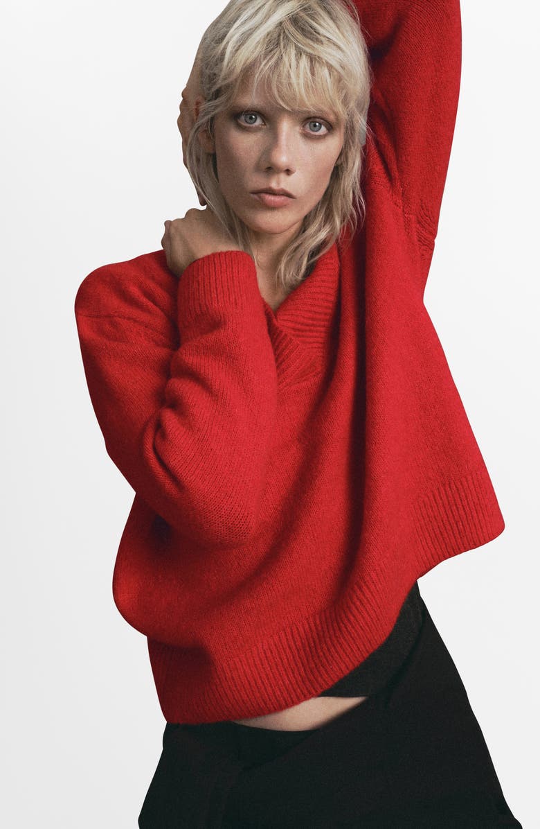 MANGO Rib Trim V-Neck Sweater, Alternate, color, Red