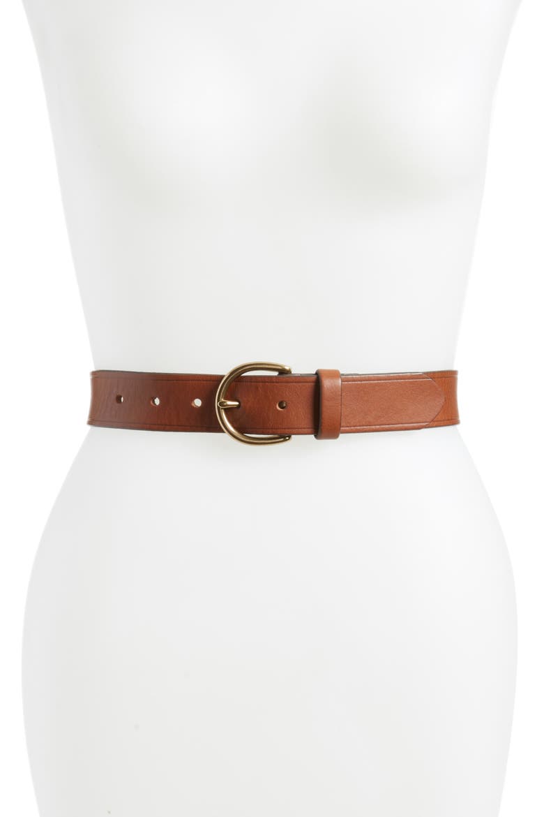 Medium Perfect Leather Belt, Main, color, PECAN/ GOLD
