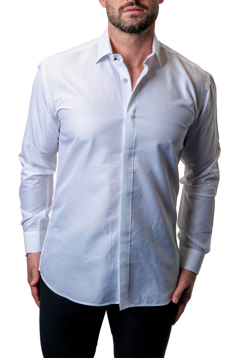 Fibonacci Shiny White Contemporary Fit Button-Up Shirt, Main, color, WHITE