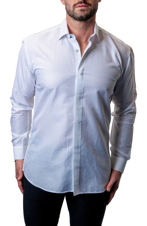 Fibonacci Shiny White Contemporary Fit Button-Up Shirt